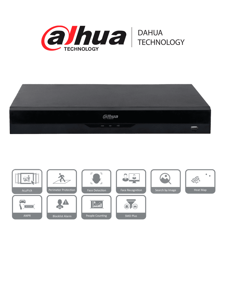 Imagen de DAHUA NVR5216-16P-EI  NVR IP WizSense de 16 canales 1U/ 16PoE/ 2HDD/ H.265+/H.265/ 384 Mbps/ AcuPick / N+M cluster/   IA por grabador: FD y FR /Protección perimetral/ SMD Plus