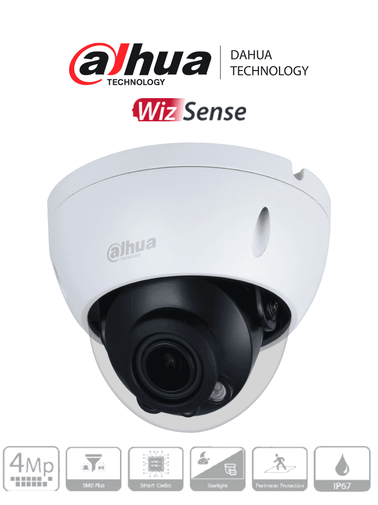 Imagen de DAHUA IPC-HDBW3441RN-ZAS-27135 - Cámara IP Domo Resolución de 4 MP/ Lente Mot. 2.7 a 13.5mm/ ∢ 104°-27°/ IR 40 mts/ IA WizSense/ Detección de Movimiento Inteligente/ Protección Perimetral/ PoE/ WDR/ H.265+/ IP67/ IK10/ E&S Alarma/ E&S Audio