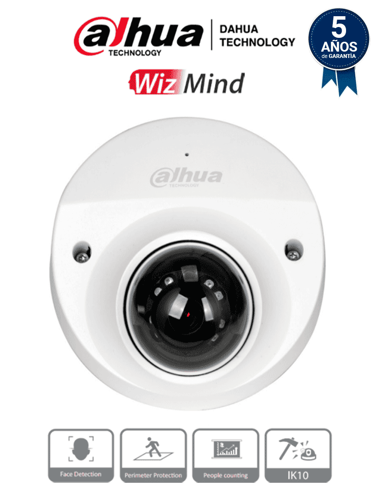 Imagen de DAHUA IPC-HDBW5241F-M-SA - Camara IP Domo de 2 Megapixeles para NVR Movil/ WizMind/ Lente de 8 mm/ 40 Grados de Apertura/ H.265+/ Ideal para Reconocimiento Facial y Detección de Rostros/ IR de 30 Metros/ Ranura para MicroSD/ SMD Plus/