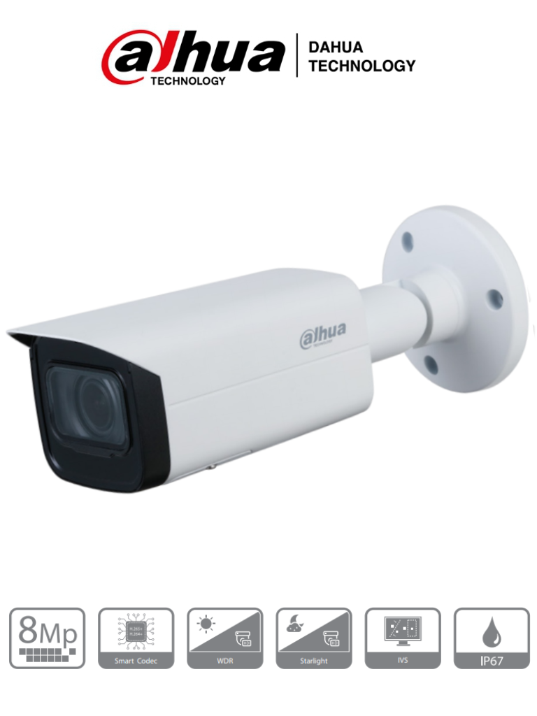 Imagen de DAHUA IPC-HFW2831T-ZS - Cámara IP Bullet de 8 Megapíxeles/ 4k/ Lente Motorizado de 2.7 a 13.5mm/ IR de 60 Mts/ H.265/ WDR/ IP67/ PoE/ Ranura para MicroSD/