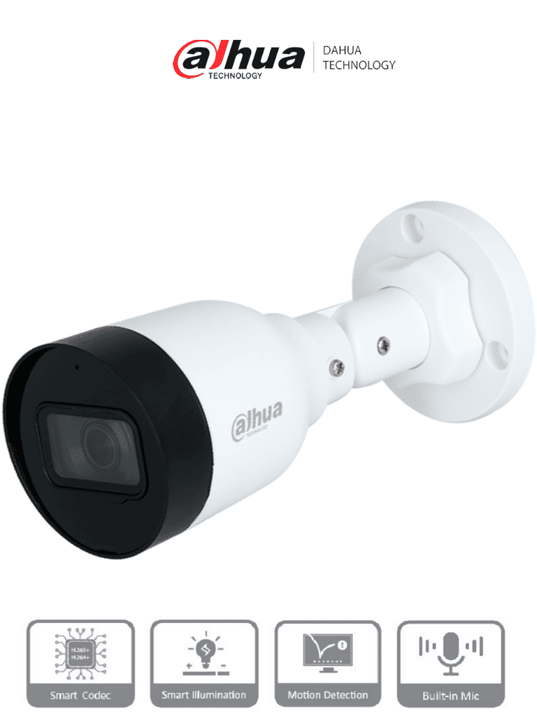 Imagen de Dahua IPC-HFW1230S1-A-S6 - Cámara IP Bullet de 2MP, lente de 2.8mm, ángulo de visión de 102 grados, micrófono integrado, compresión H.265+, IR de 30m, protección IP67, PoE, DWDR /