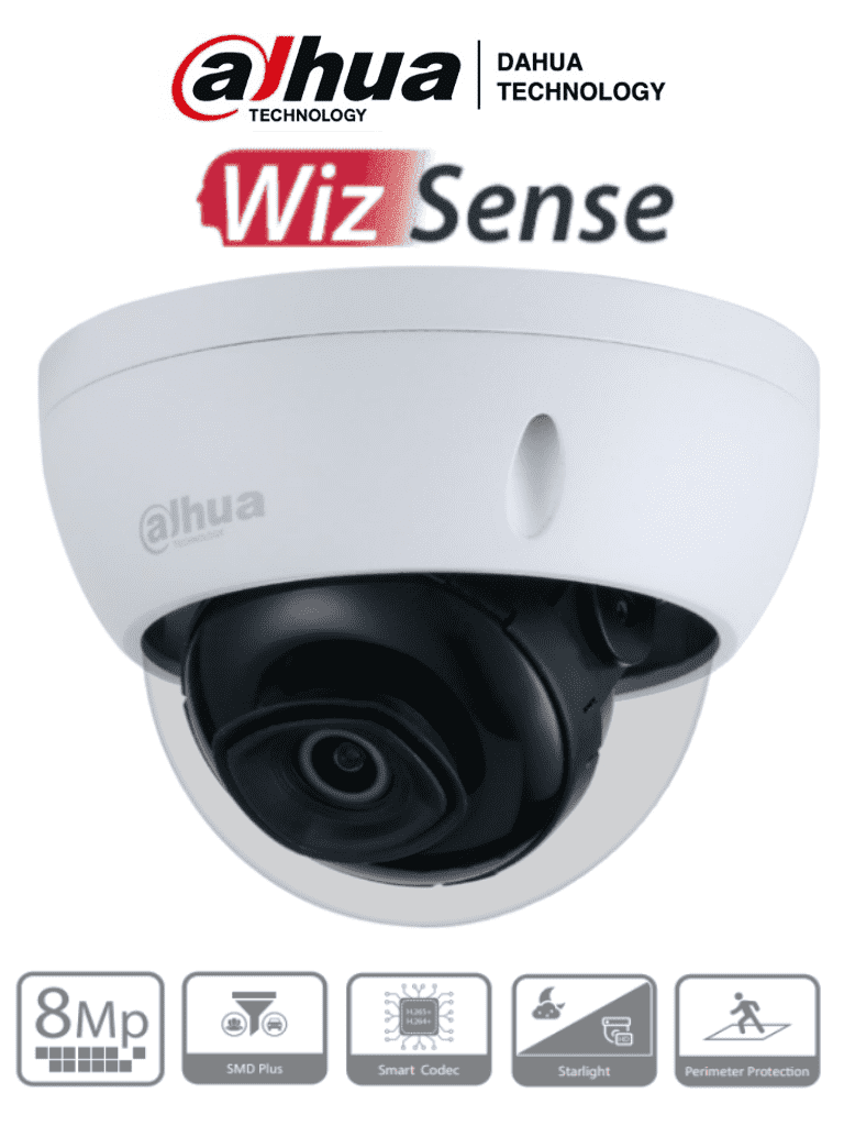 Imagen de DAHUA IPC-HDBW3841EN-AS - Cámara IP Domo Antivandálica 4K Resolución de 8 MP/ Lente 2.8 mm/ ∢ 108°/ IR 30 mts/ IA WizSense/ Detección de Movimiento Inteligente/ Protección Perimetral/ Starlight/ PoE/ WDR/ H.265+/ IP67/ IK10/ E&S Alarma/ E&S Audio/