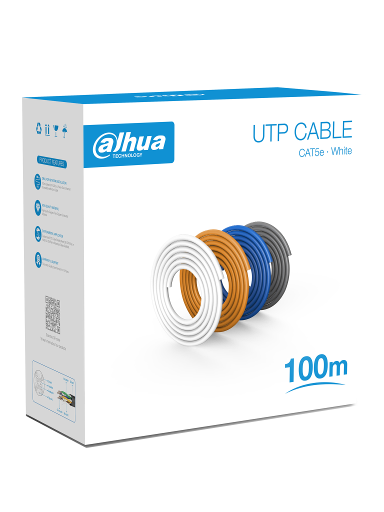 Imagen de DAHUA PFM920I-5EU-U-100 - Bobina de 100 Mts de Cable UTP Cat5e/ 100% Cobre/ Color Blanco/ Cubierta Retardante de Flama con Certificacación ANSI/ UL CM/ Ideal para Video y Redes/