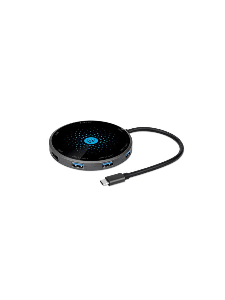 Imagen de MANHATTAN 166560 - Docking USB-C con base de carga inalámbrica / Cable con usb -c macho a base docking con puerdo HDMI / un puerto USB-C hembra PD, tres puertos USB-A, lector de tarjetas, base de carga inalámbrica de 10 W / Color negro