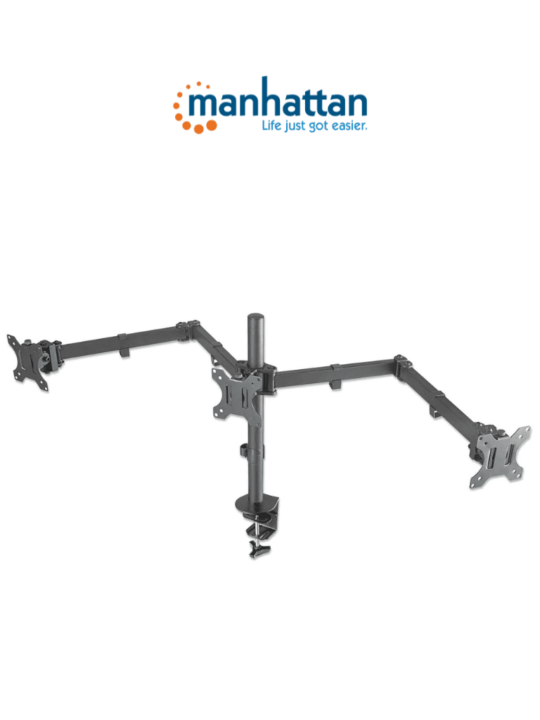Imagen de MANHATTAN 461658 Soporte para monitor, de escritorio, movimiento articulado, 3 pantallas planas de 13" a 27" máximo 7 kg cada una Soporta tres monitores LCD de hasta 27", uno montado al centro y dos en los brazos de doble articulación