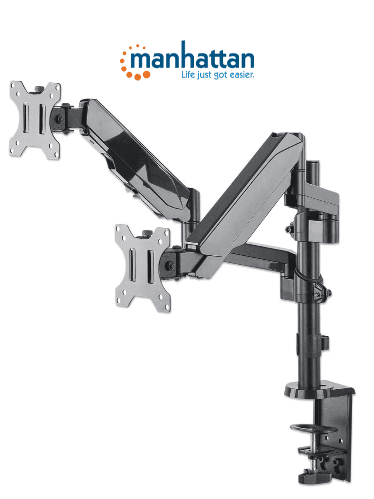 Imagen de MANHATTAN 461597 Soporte universal para dos monitores, con pistón a gas Dos brazos articulados con pistón a gas, que soporta una televisión de 17" a 32" o un monitor de hasta 8 kg (17.64 lbs.)