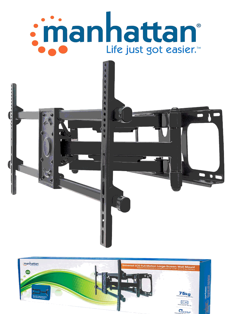 Imagen de MANHATTAN 461290 - Soporte de pared para pantallas / 37" a 90" / Hasta 75Kg / Ajustes: Girar, Inclinar y Nivelar / Color Negro / Construido en acero reforzado / Desplegable hasta 63.5cm del muro