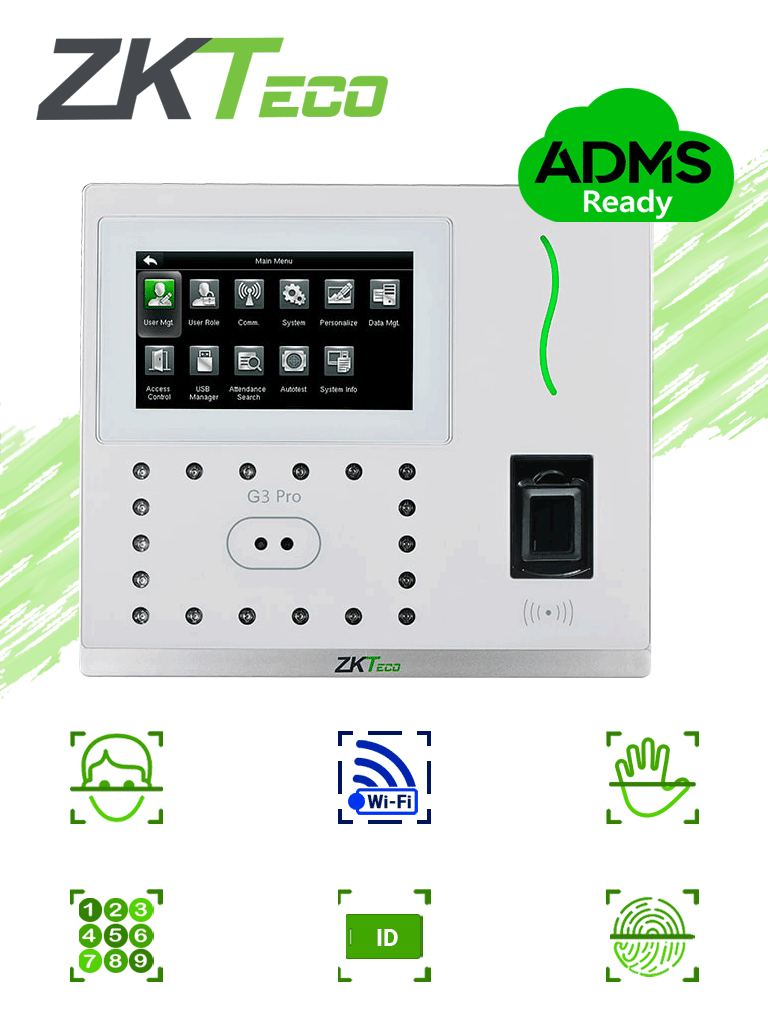Imagen de ZKTECO G3PROWIFI - Control de Acceso y Asistencia Facial y Palma / 12000 Rostros / 20000 Huellas BIO ID / 20000 Tarjetas  ID / 6000 Palmas / Green Label / WiFi