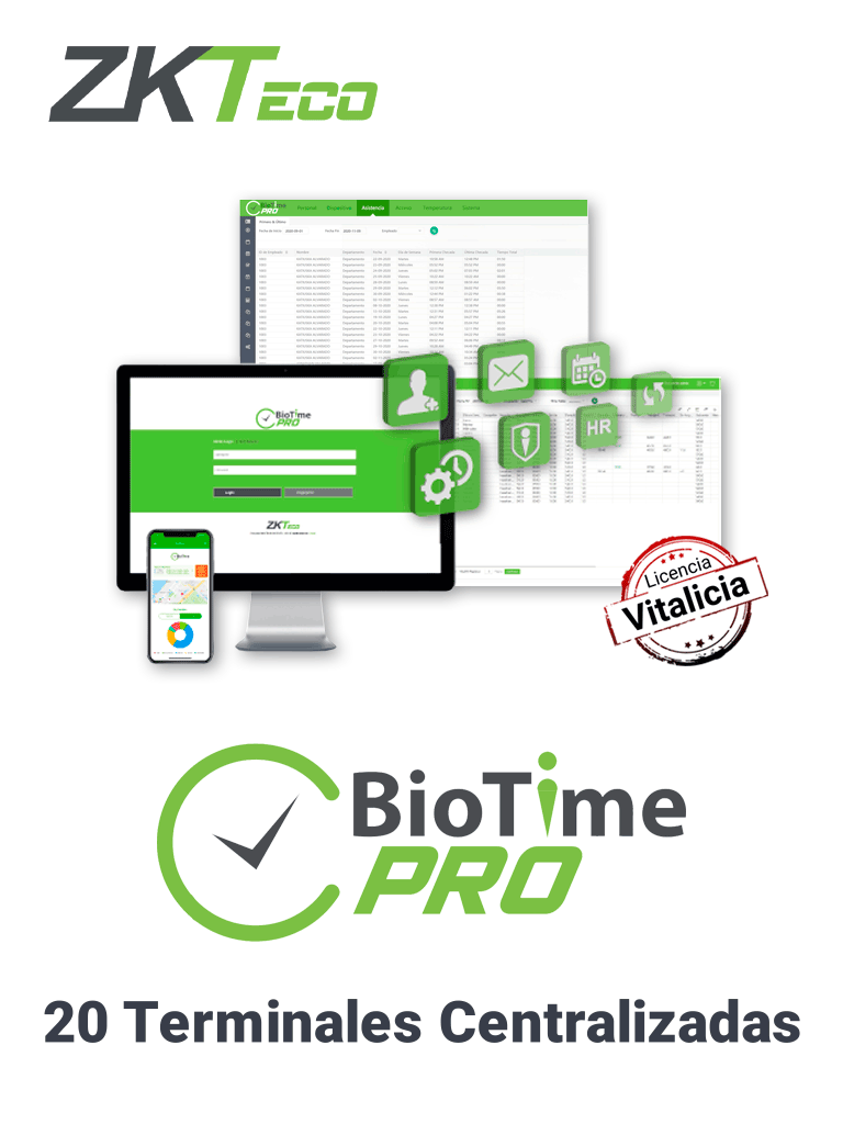 Imagen de ZKTECO BIOTIMEPROSTANDARD- Licencia de Asistencia Vitalicia / Versión WEB / para 20 Terminales Centralizadas / 2000 Empleados / 1 Punto para App / 2 Multicompañías