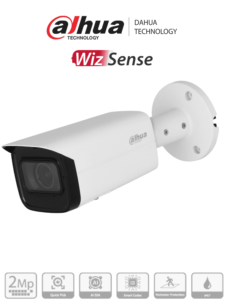 Imagen de DAHUA IPC-HFW3241T-ZAS-S2 - Cámara IP Bullet de 2 MP/ WizSense/ Lente Motorizado de 2.7 a 13 mm/ IR   de 60 Metros/ Micrófono Integrado/ IA/ SMD 4.0/ AI SSA/ QuickPick/ E&S de Alarma y Audio/ IP67/ PoE/ Ranura para Micro SD