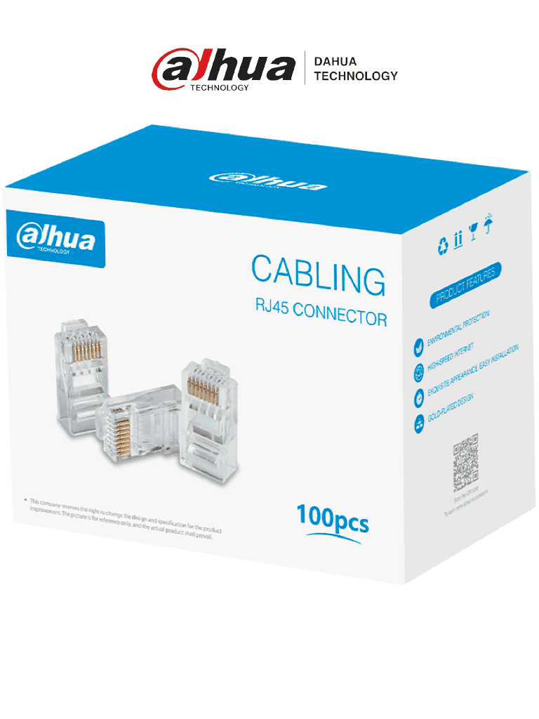 Imagen de DAHUA DH-PFM976-531 - Caja con 100 Plugs RJ45 Cat5e/ Chapado de Oro de 15 U"/ Clasificación de Resistencia al Fuego UL94V-2/