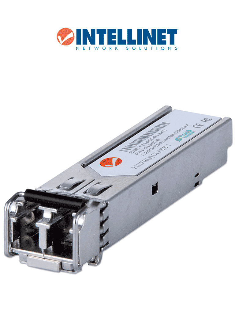 Imagen de INTELLINET 545006 - Módulo transceptor SFP Gigabit de fibra óptica, con puerto LC, multimodo 1000Base-SX, y alcance de hasta 550 m