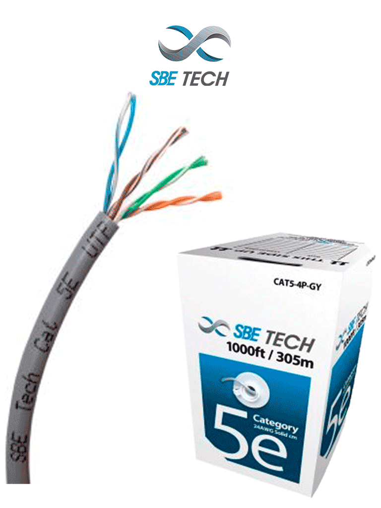 Imagen de SBETECH SBEUTPC5ECUGY - Cable UTP Cat5e, caja de 305 metros, 100% cobre, color gris, 4 pares, 24 AWG