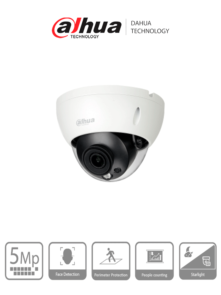 Imagen de DAHUA IPC-HDBW5541R-ASE - Cámara IP Domo Resolución de 5 MP/ Lente 2.8 mm/ ∢ 102°/ IR 50 mts/ IA WizMind/ Detección Facial/ Protección Perimetral/ Conteo de Personas/ Starlight/ ePoE/ WDR/ H.265+/ IP67/ IK10/ E&S Alarma/ E&S Audio/