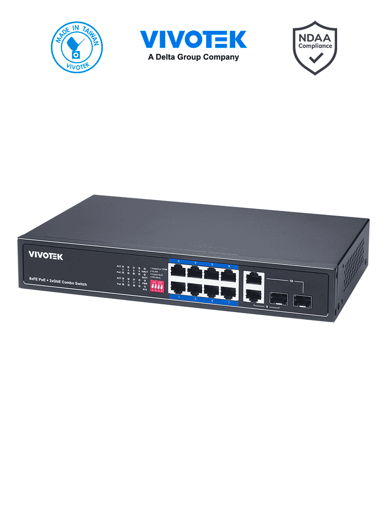 Imagen de VIVOTEK AW-FGT-100P-110 - Switch PoE no administrable, 8 puertos PoE FE, 2 puertos GbE/SFP Combo, 110W Totales, 30W por puerto, Modo Extendido hasta 250m, Proteccion 6KV