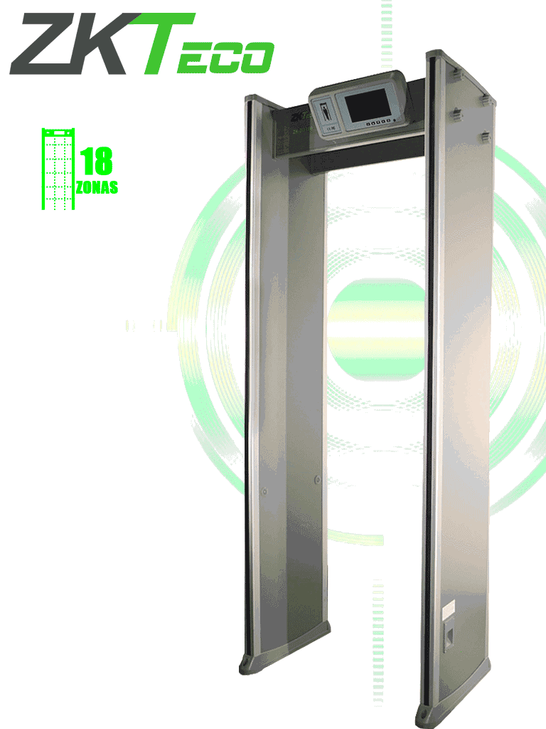 Imagen de ZKTECO D3180 - Arco detector de metales con 18 zonas de detección, pantalla LCD de 7", 500 niveles de sensibilidad por zona, contador de alarmas y personas, protección por contraseña, indicadores LED y material a prueba de fuego.