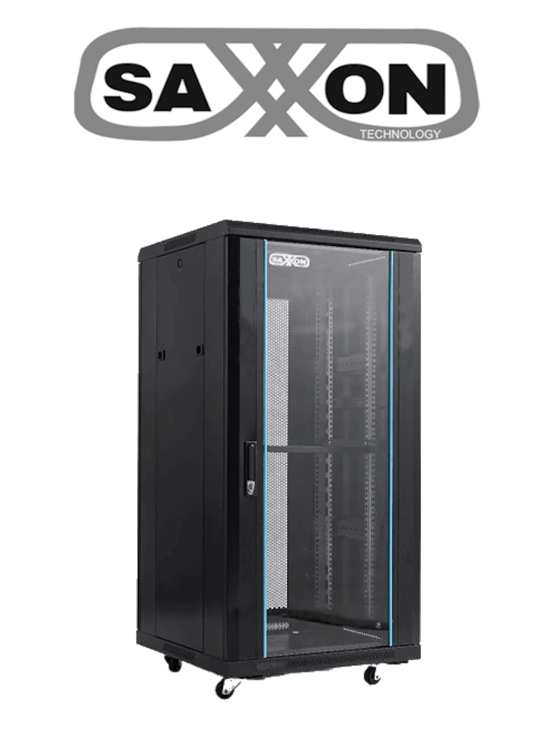 Imagen de SAXXON SXR22U6622S - Gabinete de Piso color Negro / 22UR / Puerta de Vidrio Templado / Alto 109 cm / Ancho 60 cm / Profundidad 60 cm / Incluye Base con 2 Ventiladores 220V