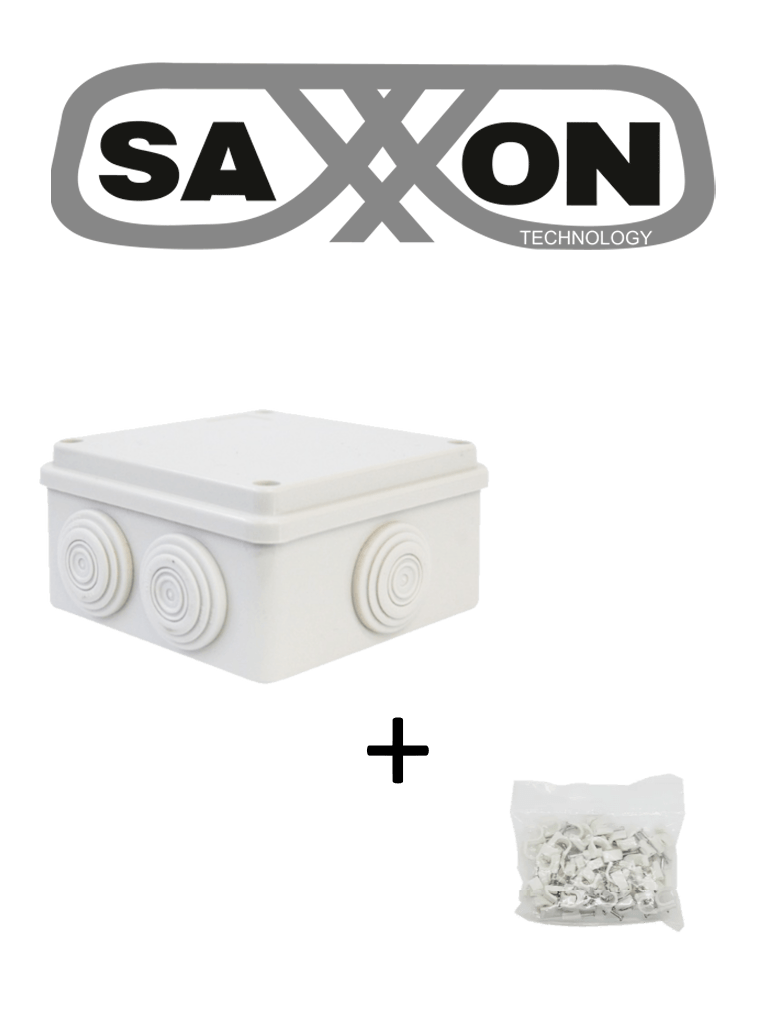 Imagen de SAXXON SWD010LMG5MMC - Paquete de Caja de Conexiones 7 Entradas 100x100x70mm con Bolsa de Grapas Cuadradas de Pared de 6mm de alto Color Blanco 50 piezas