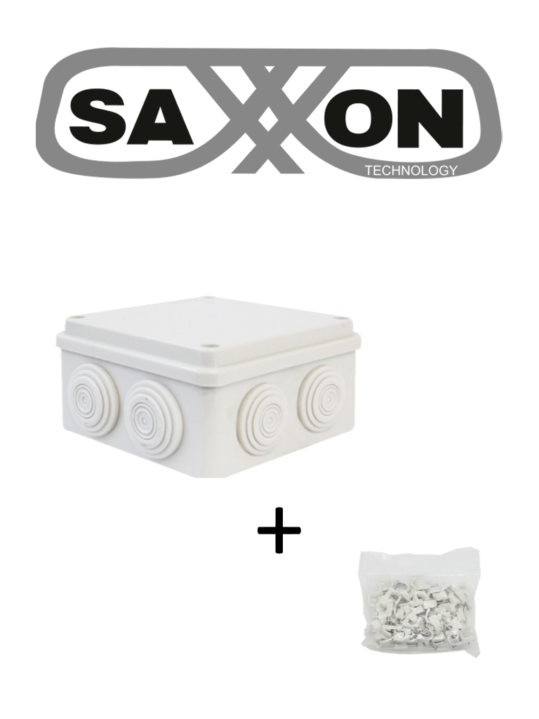 Imagen de SAXXON SWD015LMG5MMC - Paquete de Caja de Conexiones 8 Entradas 150x150x70mm con Bolsa de Grapas Cuadradas de Pared de 6mm de alto Color Blanco 50 piezas