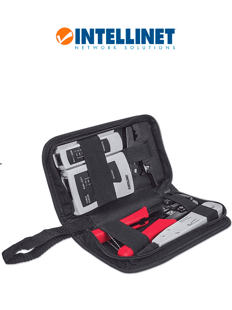 Imagen de INTELLINET 780070 - Kit de herramientas para red de 4 piezas: probador de cable UTP, ponchadora, pinza crimpeadora y pelador de cable