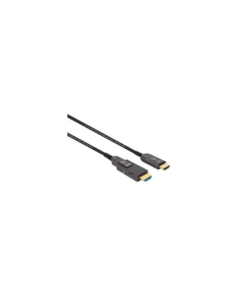 Imagen de MANHATTAN 353243 - Cable Óptico Activo HDMI de Alta Velocidad / 4k@60Hz UHD, HDMI macho a Micro-HDMI macho (Tipo D) y HDMI macho (Tipo A) Desmontable, 20 m (65 pies), Certificado CMP/CPR, HEC, ARC, contactos bañados en oro, negro