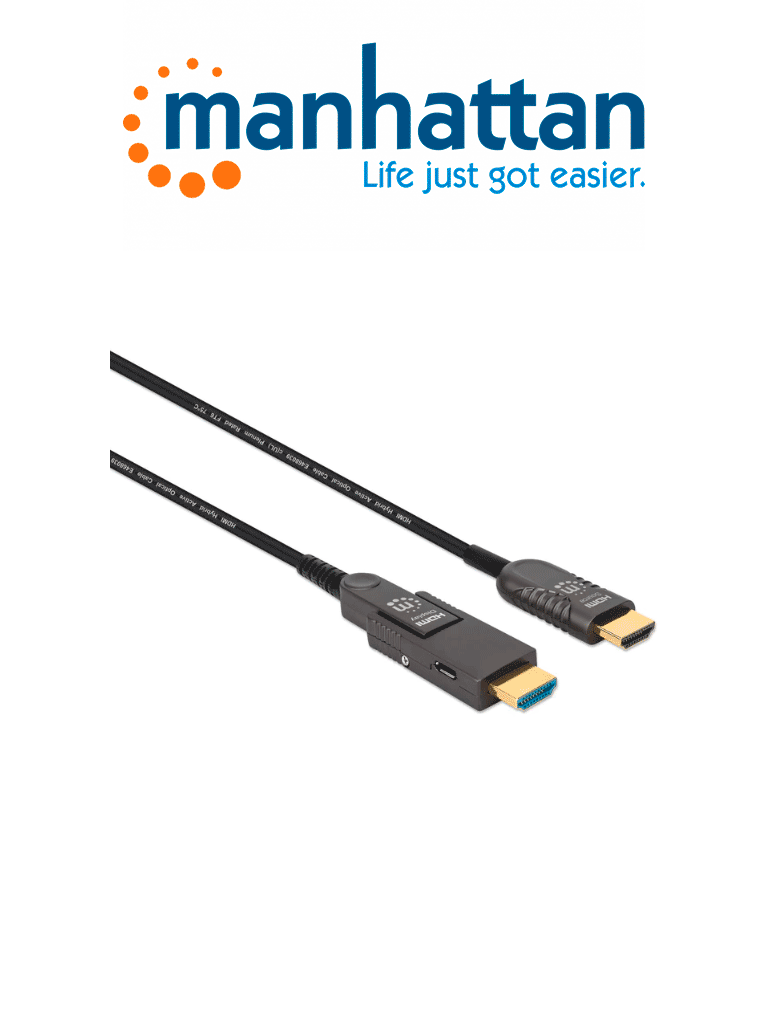 Imagen de MANHATTAN 355193 - Cable Óptico Activo HDMI de Alta Velocidad / 4k@60Hz UHD, HDMI macho a Micro-HDMI macho (Tipo D) y HDMI macho (Tipo A) Desmontable, 30 m (100 pies), Certificado CMP/CPR, HEC, ARC, contactos bañados en oro, negro (Sobre Pedido)