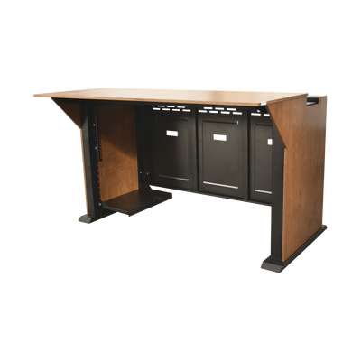 Consola Profesional para Monitoreo | Con Porta PC | Con Tomacorriente | Tapas Removibles | Color Negro y Nogal con Veta | Lamina de Acero Rolado Calibre 18 | Pintura en Polvo Electrostática.