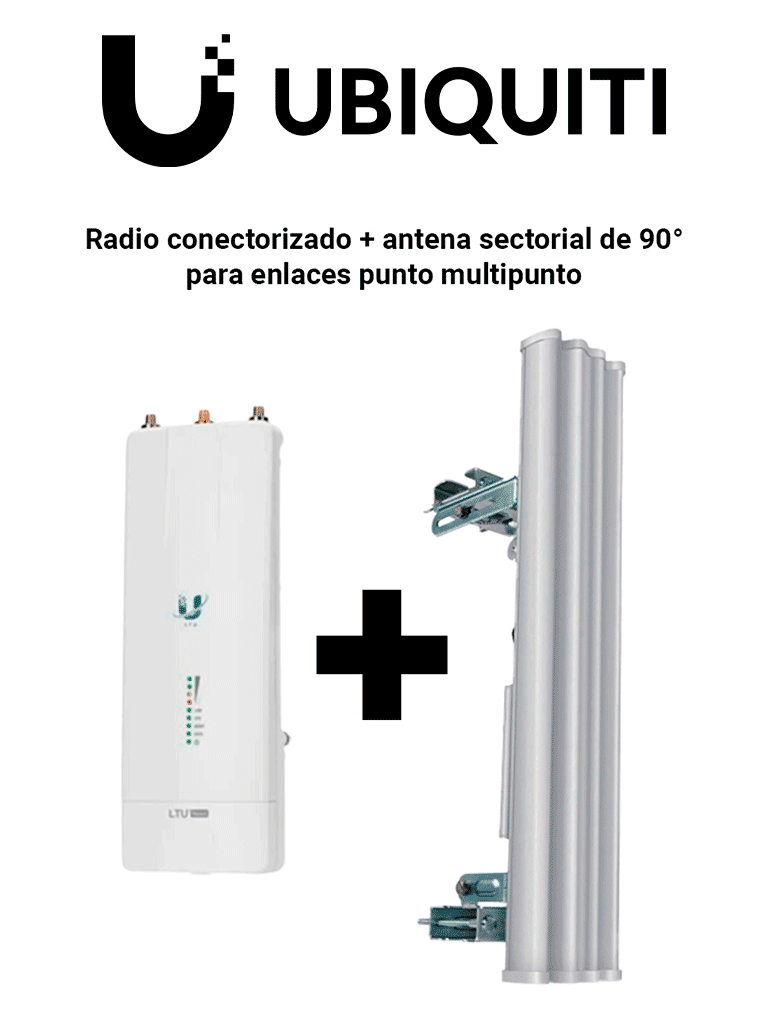 Imagen de KIT-Radio conectorizado + antena sectorial de 90° de apertura para punto a multi punto/Ideal para CCTV Y WISP/Hasta 600 Mbps/2 millones de paquetes por segundo/5Ghz/Filtrado RF/Sincronización GPS/Solo compatible con tecnología LTU/