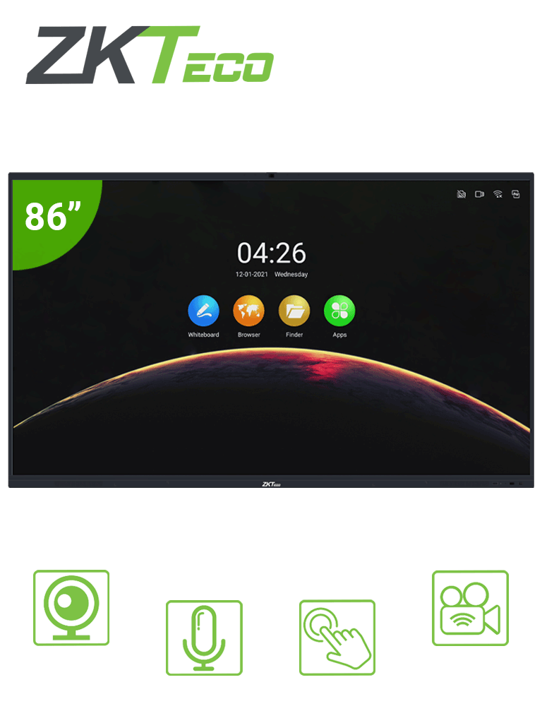 Imagen de ZKTECO IWB86B - Pantalla Digital Interactiva / 86 pulgadas / 4K UHD / Android / Bisel Delgado / Cámara Integrada 13 megapíxeles / Matriz de 6 Micrófonos / 20 Puntos Multi-touch / Proyección Inalámbrica mediante WiFi