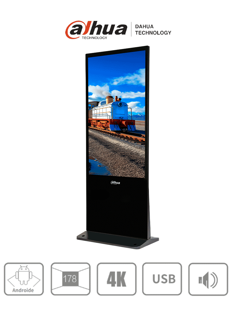 Imagen de DAHUA LDV55-SAI400K - Pantalla de Publicidad Digital 55" 4K (Totem), montaje en piso. Brillo de 320 nits, diseño industrial con carcasa metálica y cristal templado de 3 mm. Ideal para entornos exigentes.