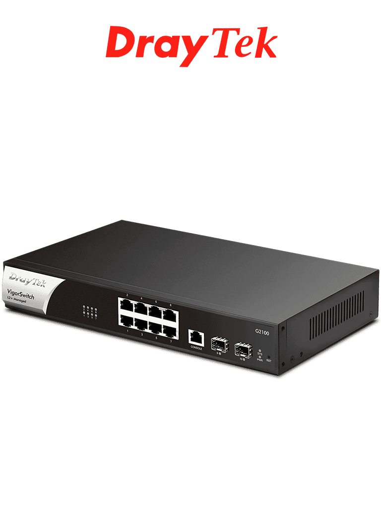 Imagen de DRAYTEK VigorSwitch G2100 - Switch Gigabit administrable de 10 puertos, 8 puertos 10/100/1000Mbps, 2 SFP, 1 consola, capa 2 con funciones de capa 3 (DHCP, enrutamiento VLAN), interfaz web y prevención de conflictos IP