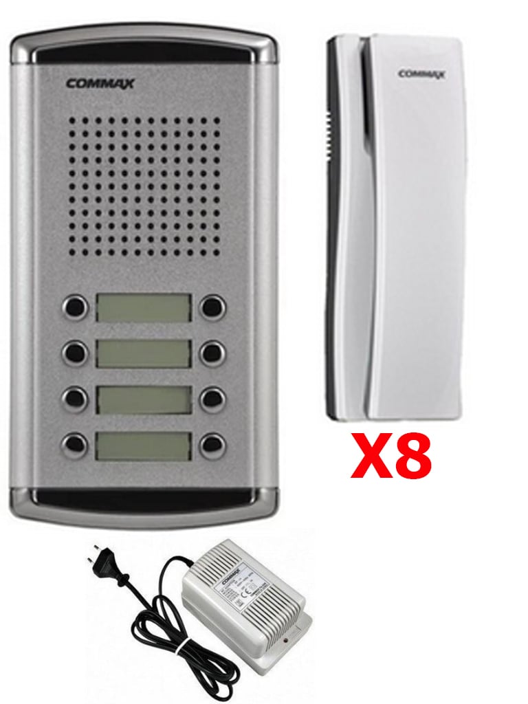 Imagen de COMMAX DR8AMAP - Kit de frente de calle de audio DR8AM para 8 apartamentos incluye 8 auriculares DPSS y fuente de energía RF1A de 12VDC/ Soporta función de apertura de puerta