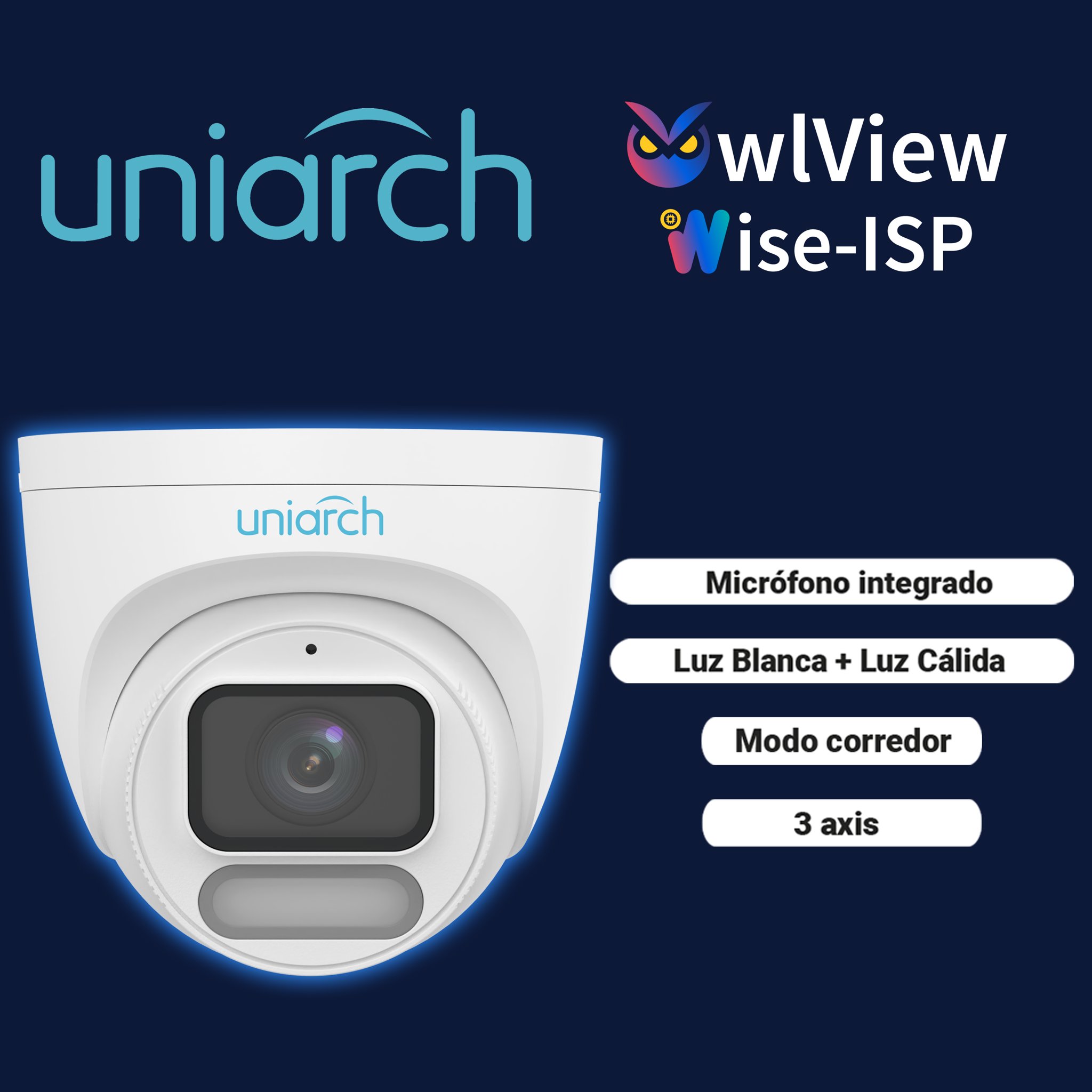 CAMARA IP TURRET OWLVIEW UNIARCH IPC-T244-ADF28K-WP / 4MP / LENTE 2.8MM / WDR120DB / LUZ-BLANCA+LUZ-CALIDA30M / MICROSD512GB / MICROFONO-INTEGRADO / ULTRA-MOTION-DETECTION / POE-AF / ONVIF / 3-AXIS / IP67 / METAL+PLASTICO / ULTRA265 / NDAA / SERIE HALO