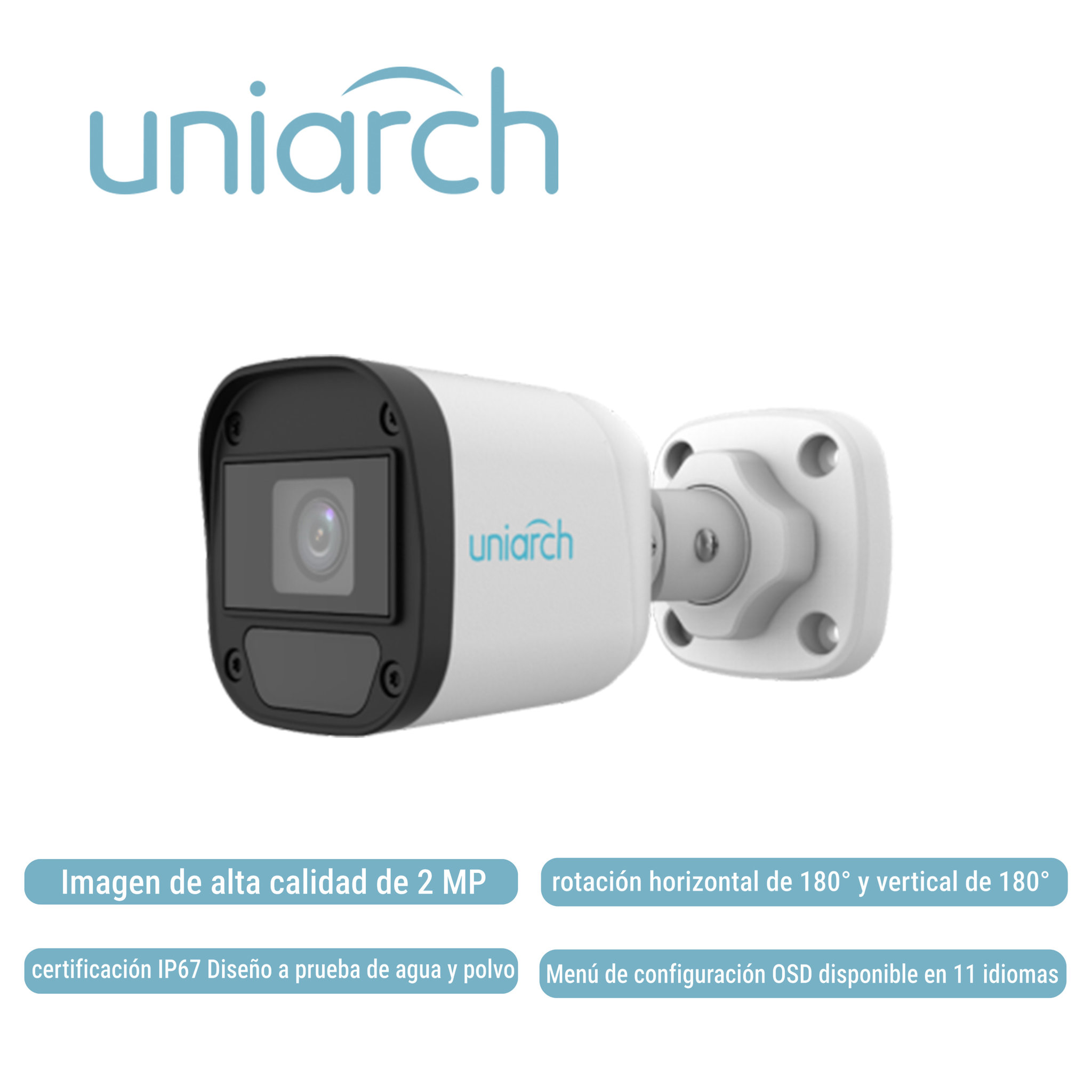 CAMARA ANALOGA BULLET UNIARCH UAC-B112-F28-X-H / 2MP / TVI/AHD/CVI: 1080P@30fps / LENTE-2.8MM / DWDR / IR20M / OSD-MENU / 3DNR / INTERIOR+EXTERIOR / ADMITE-GIRO180GRADOS(HORIZONTAL+VERTICAL) / PLASTICA / IP67 / 12VCD