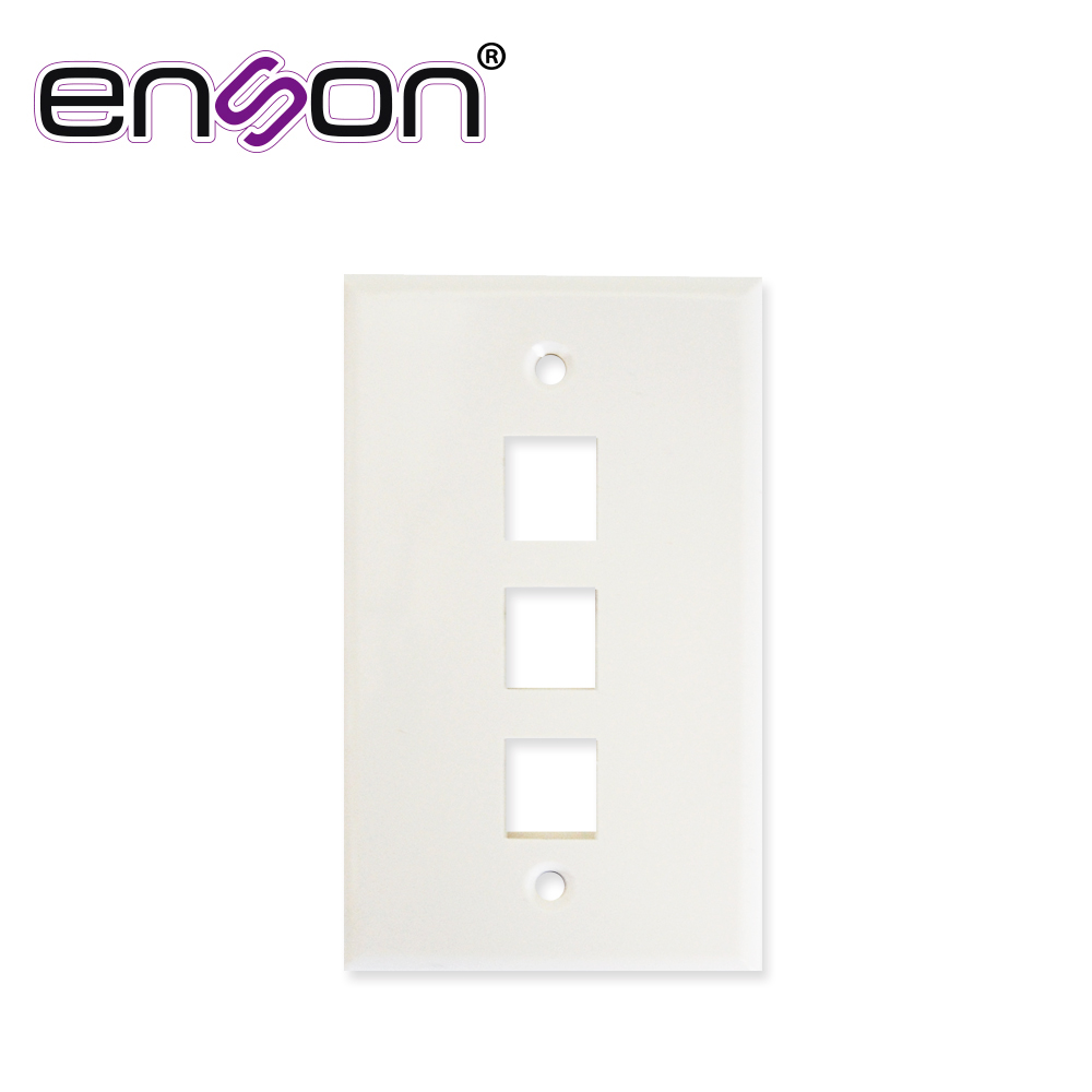 PLACA DE PARED (FACEPLATE) UNIVERSAL ENS-FP63 ENSON 3 PUERTOS ESTILO KEYCONNECT CAT6A CAT6 CAT5E CONECTORES DE FIBRA OPTICA Y COAXIALES COLOR BLANCO USO INTERIOR MATERIAL PLASTICO ABS