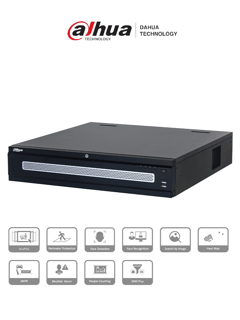 Imagen de DAHUA DHI-NVR608RH-128-XI - NVR con tecnología Acupick y WizMind 128 canales 2MP, 8HDD, 1024Mbps. Clúster N+M, RAID0/1/5/6/10, Hot Swap. Detección de rostros, metadatos, protección perimetral, SMD Plus, y soporte IA por cámara.