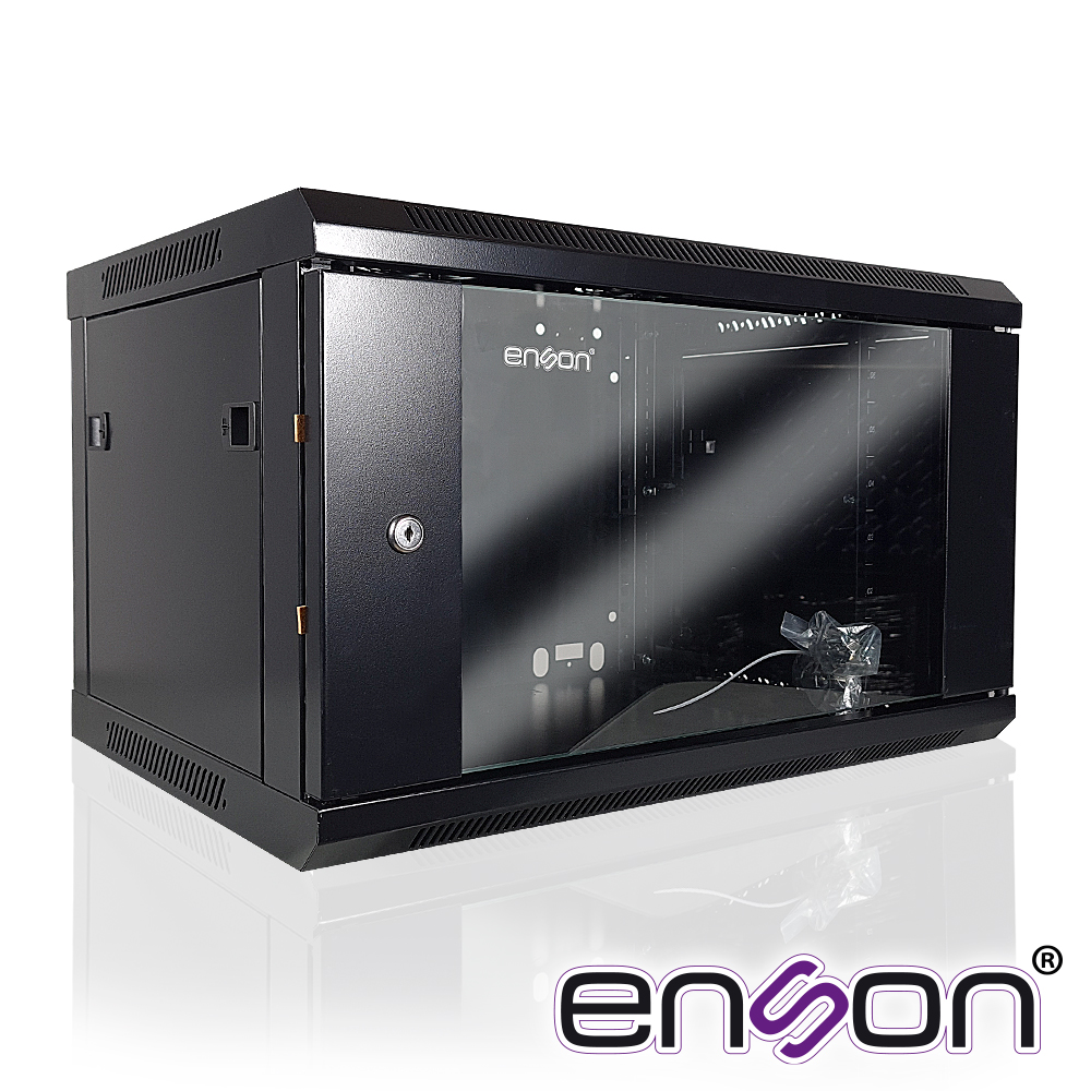GABINETE DE PARED ENSON ENS-RKGB6UD 6UR PUERTA FRONTAL DE CRISTAL TEMPLADO CON CERRADURA DE SEGURIDAD RANURAS DE VENTILACION EN LA PARTE SUPERIOR PARA 2 VENTILADORES DE 11 CM 600X450X368MM, REQUIERE ENSAMBLAJE