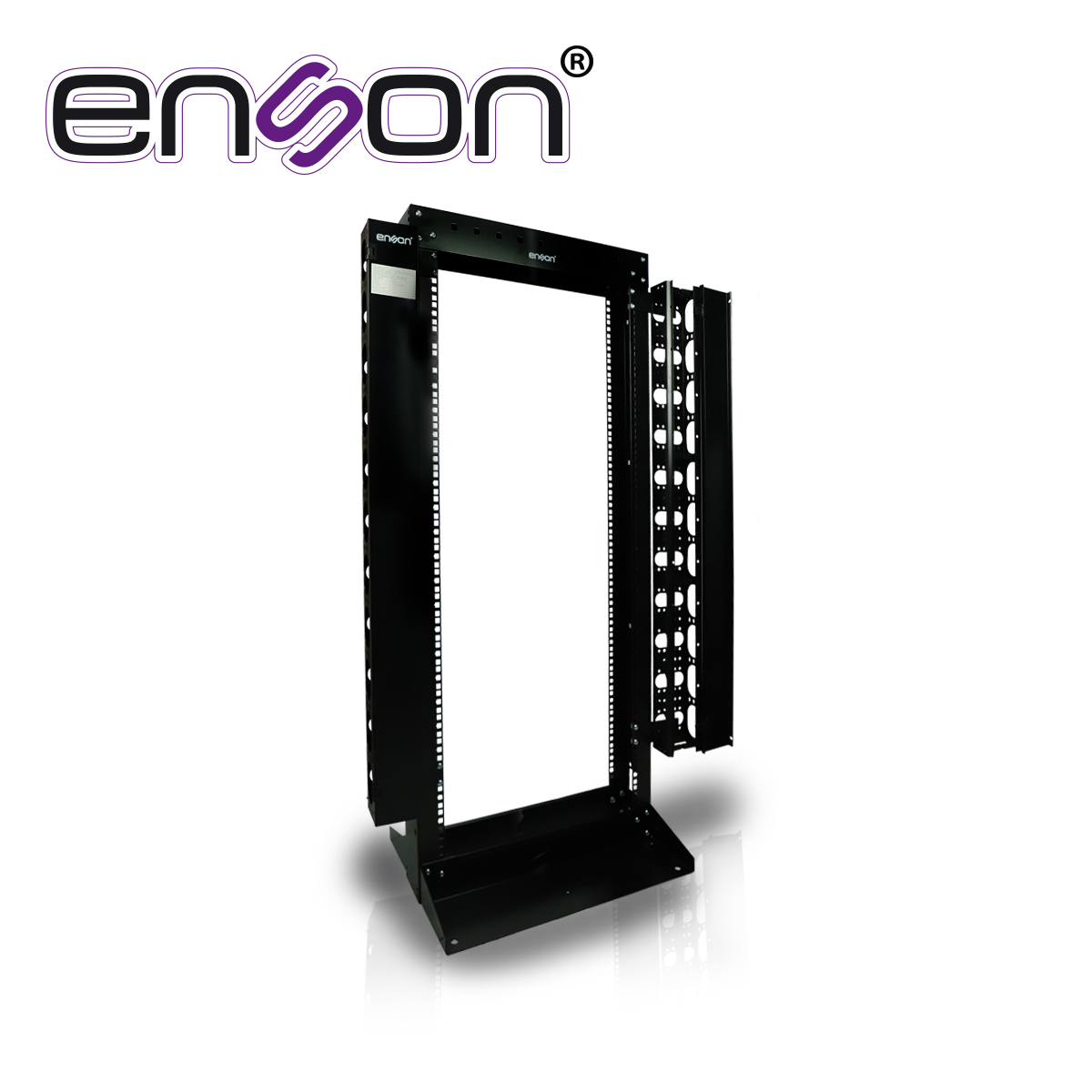 RACK VERTICAL ENSON ENS-RACK25UO DE 25UR DOS POSTES ORGANIZADOR VERTICAL INCUIDO EMPOTRABLE IDEAL PARA MONTAJE DE EQUIPOS DE RED Y CABLEADO ESTRUCTURADO, COMPATIBLE CON TODOS LOS ACCESORIOS DE RACKS Y GABINETES ENSON