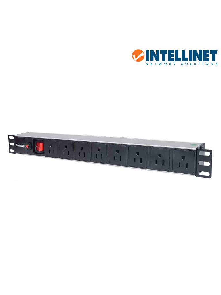 Imagen de INTELLINET 713993- Barra PDU, 8 contactos, para gabinetes/racks de 19", 1U, con protección contra sobrecarga y botón On/Off.