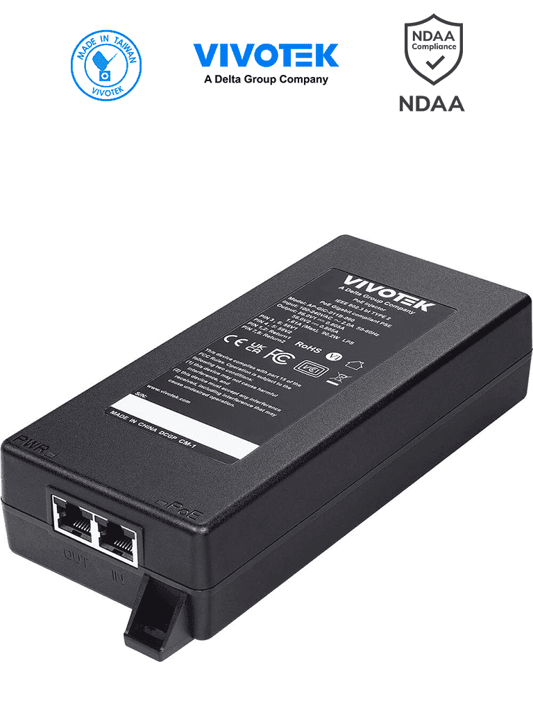 Imagen de VIVOTEK AP-GIC-011B-090 - Inyector PoE Gigabit de 90W con 1 puerto, compatible con 802.3af/at/bt, NDAA, 56VDC/1.61A y protección de 6KV