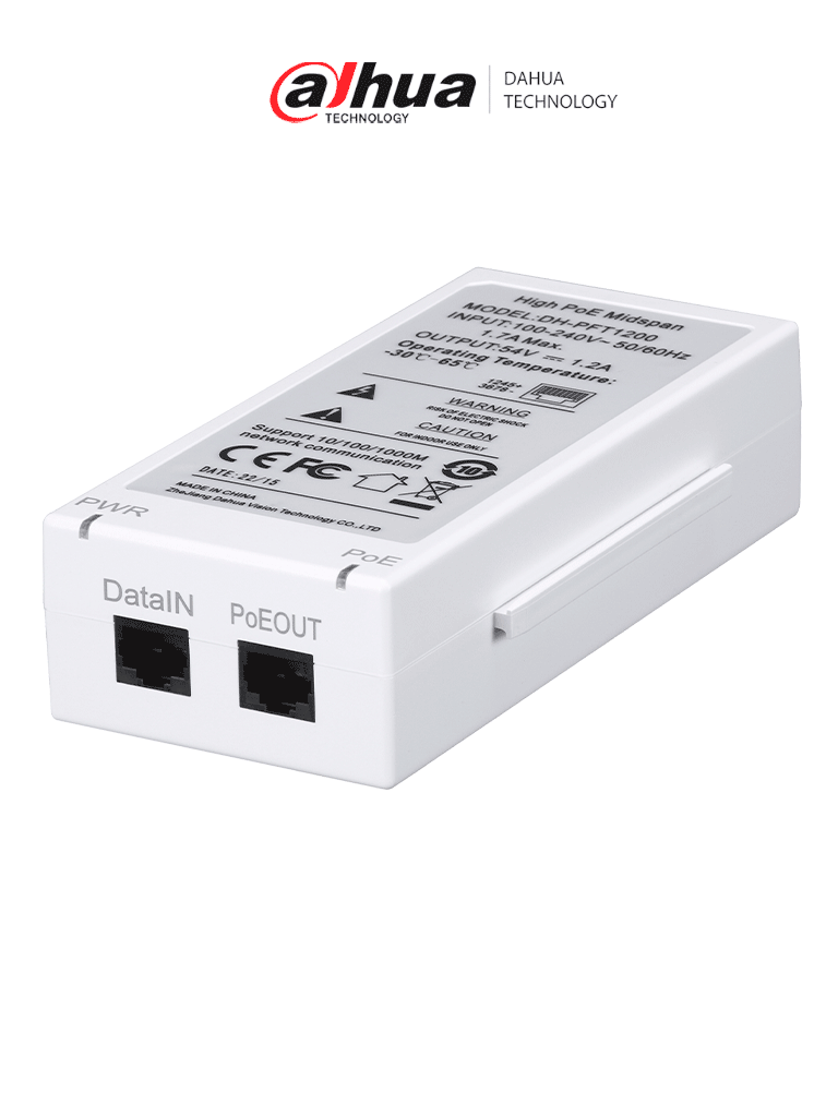 Imagen de DAHUA PFT1200 - Inyector Hi-Poe Midspan Gigabit/ Soporta PoE/PoE+/ Soporta Hi-PoE 60 Watts para PTZ/ Indicadores Led de Status/ Funciona con Extensor: PFT1300 para conexión en Cascada/ Instalación en Pared/