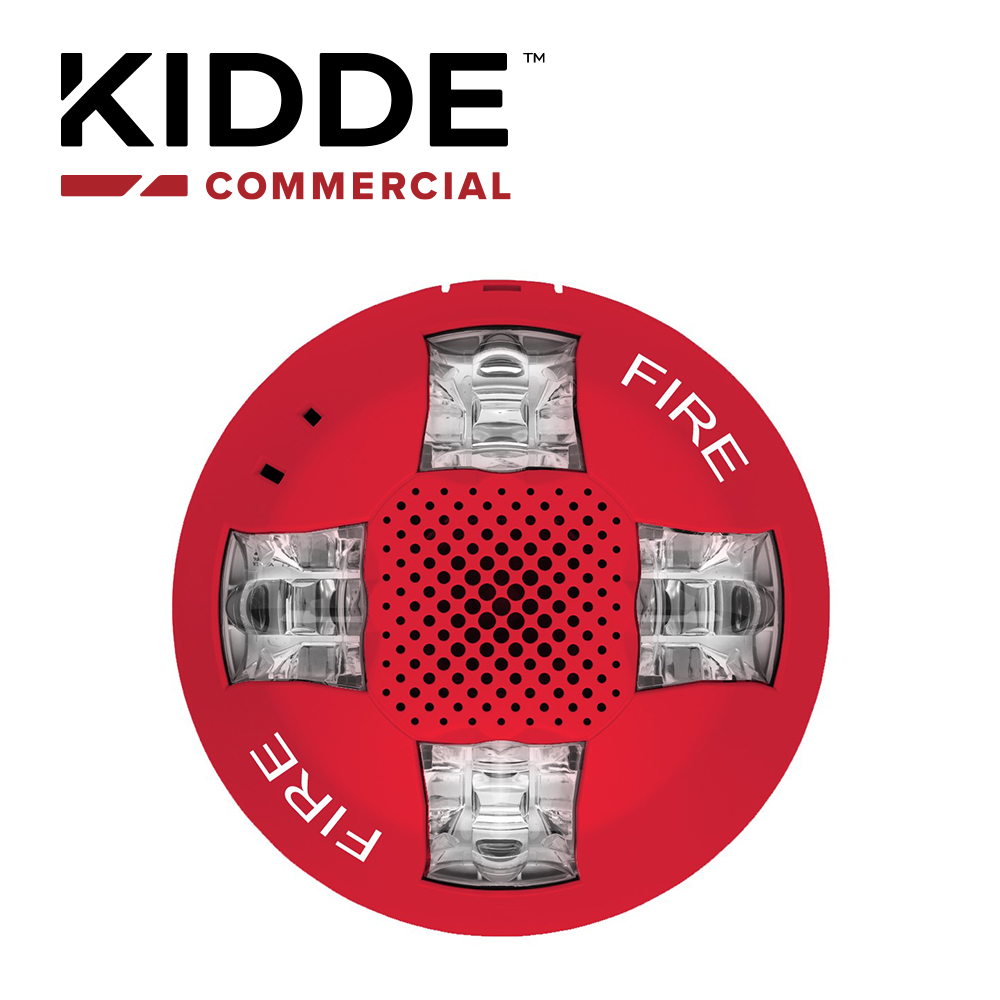 SIRENA CON ESTROBO DE TECHO, 15-115 CD, MARCA KIDDE, EGCAVRF, ROJA, CON LA PALABRA FIRE. PLACA DE CABLEADO INCLUIDA.