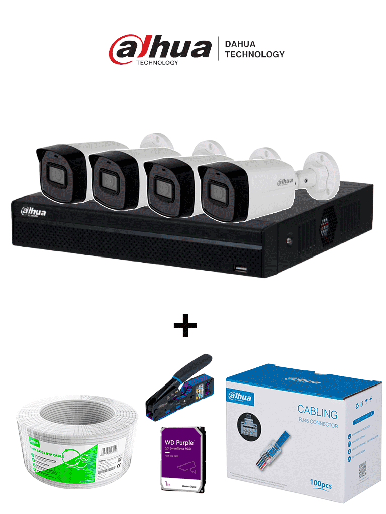 Imagen de Bundle  NVR+4BulletIP - Compra 1 NVR NVR1104HS-P-S3 de 4 Canales/ 4 cámaras IPC-B1E20 / Bobina de 100m/ Caja con 100 plugs/ Pinza de corte rj45/ Disco Duro 1TB/