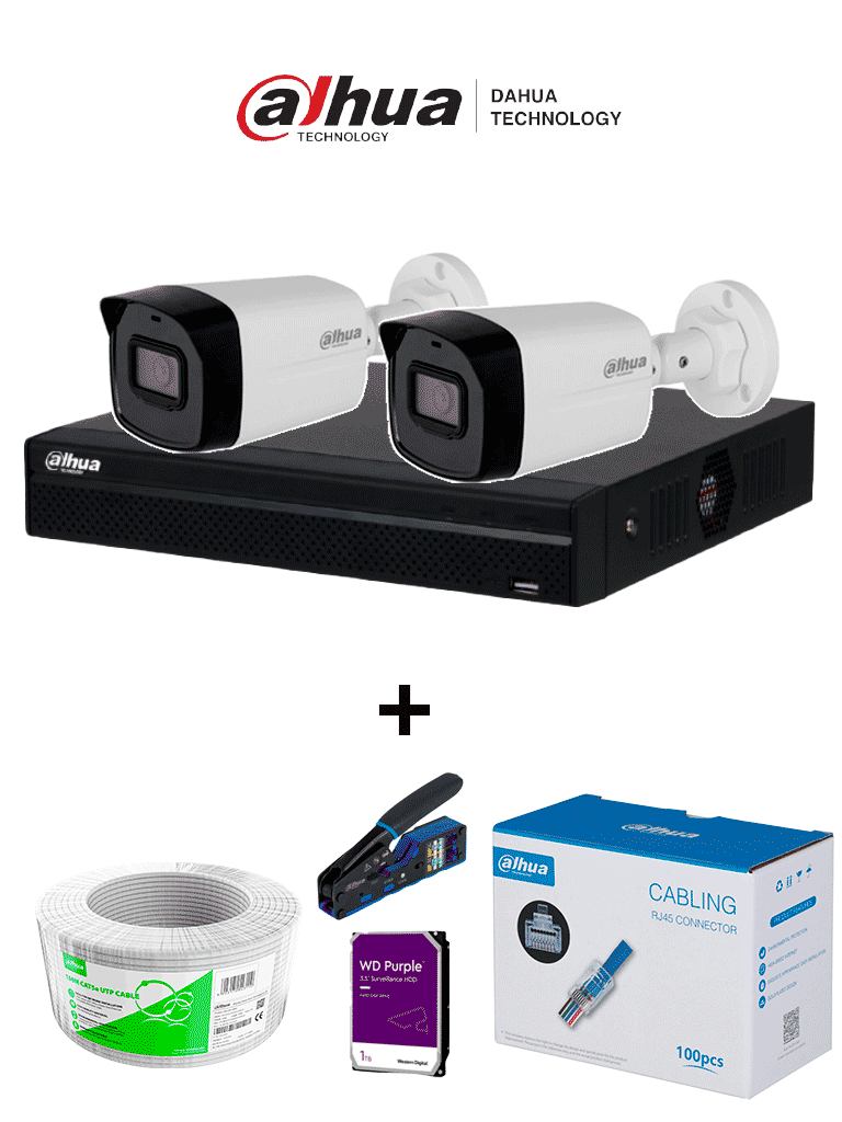 Imagen de Bundle NVR+2BulletIP -Compra 1 NVR NVR1104HS-P-S3 de 4 Canales y llévate mas 2 cámaras IPC-B1E20  / Bobina de 100 metros/ Caja con 100 Plugs/ Pinza de corte  de Plugs/ Disco duro de 1TB/