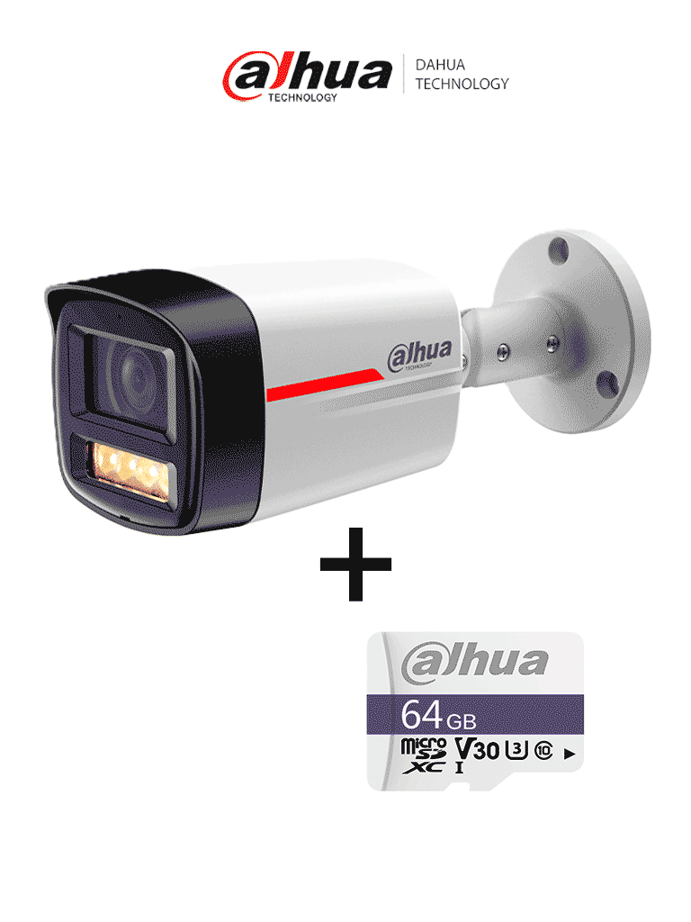 Imagen de DAHUA PAQUETE Cámara IP DH-IPC-HFW2249TLP-S-LED-0280B-PRO- Cámara IP Bullet de 2MP / WizColor/ WizSense/ SMD Plus/ Protección Perimetral/ Detección de movimiento inteligente/ Lente 2.8mm/ Luz Cálida 50m/ Micrófono + Micro SD IP67/DHI-TF-C100/64GB