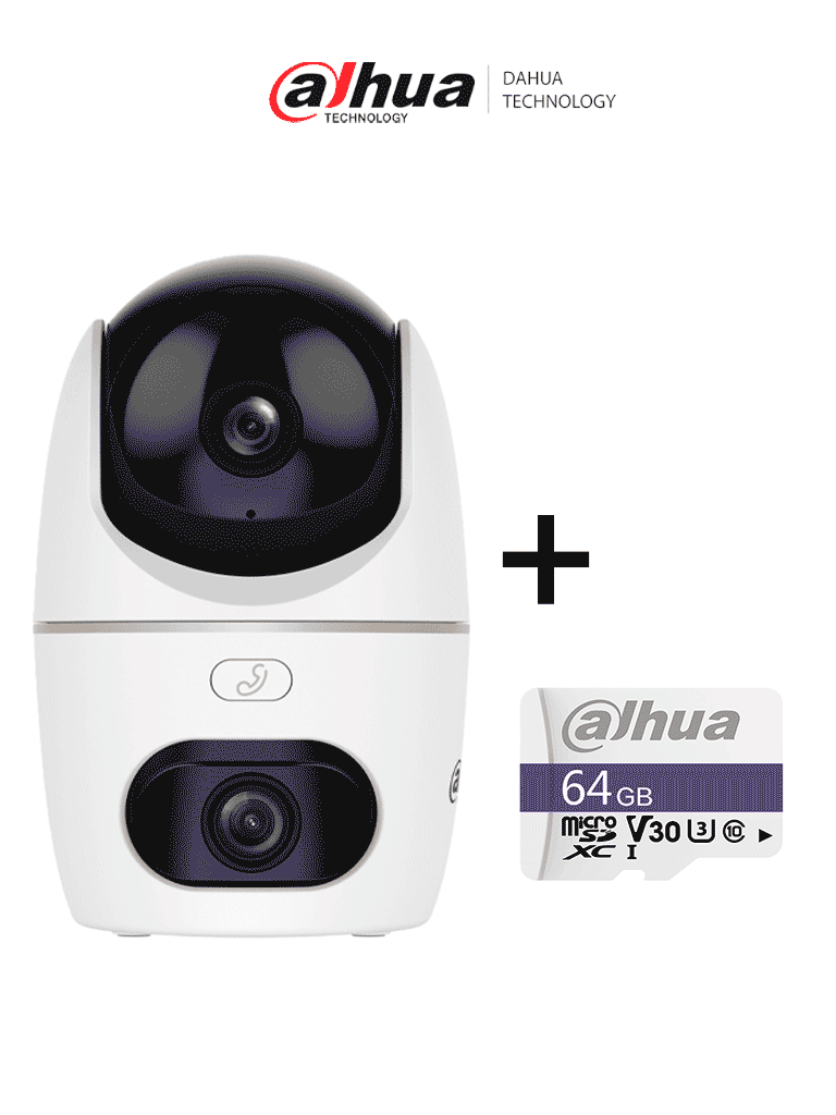 Imagen de DAHUA PAQUETE Cámara IP-HPT1539DD-STW-5E2-IL/PT Dual de 10 MP/2 Lentes de 3k/ 30 de IR y Luz Visible/ Botón de Llamada/ Audio 2 vías/ Detección de Humanos y Mascotas/ Disuación activa/ AutoTracking/ Ranura MicroSD + Memoria Micro SD DHI-TF-C100/64GB