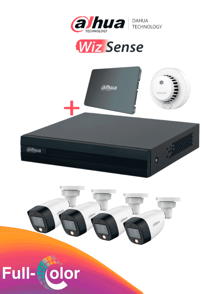 Imagen de DAHUA PAQ-DH-KIT/XVR1B04-I-SSD(512G)/4-H-DHI-HY-SA13A - Kit FullColor de 4 Canales con SSD de 512GB/ 4 Camaras Full Color de 2 Megapixeles con Microfono/ Regalo Detector de Humo Stand Alone DHI-HY-SA13A