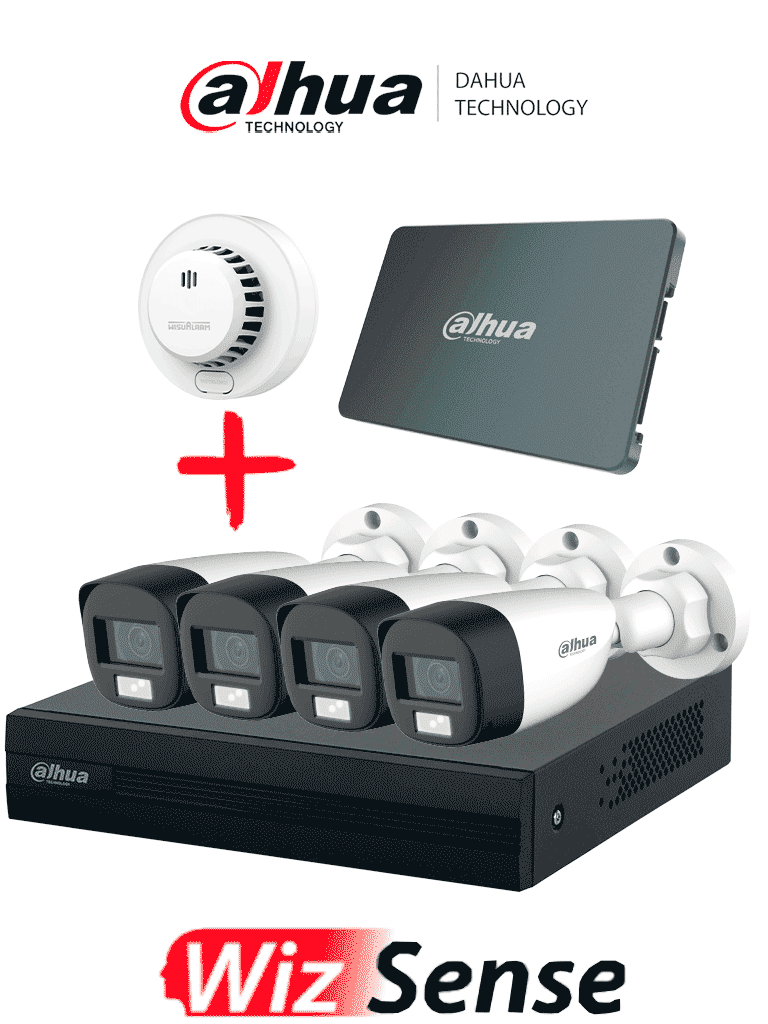 Imagen de DAHUA PAQ-DH-XVR1B04-I/DH-HAC-HFW1200CLN-DHI-HY-SA13A - Kit Iluminación Dual de 4 Canales con SSD de 512GB/ 4 Camaras IL de 2 Megapixeles con Microfono/ Regalo Detector de Humo Stand Alone DHI-HY-SA13A