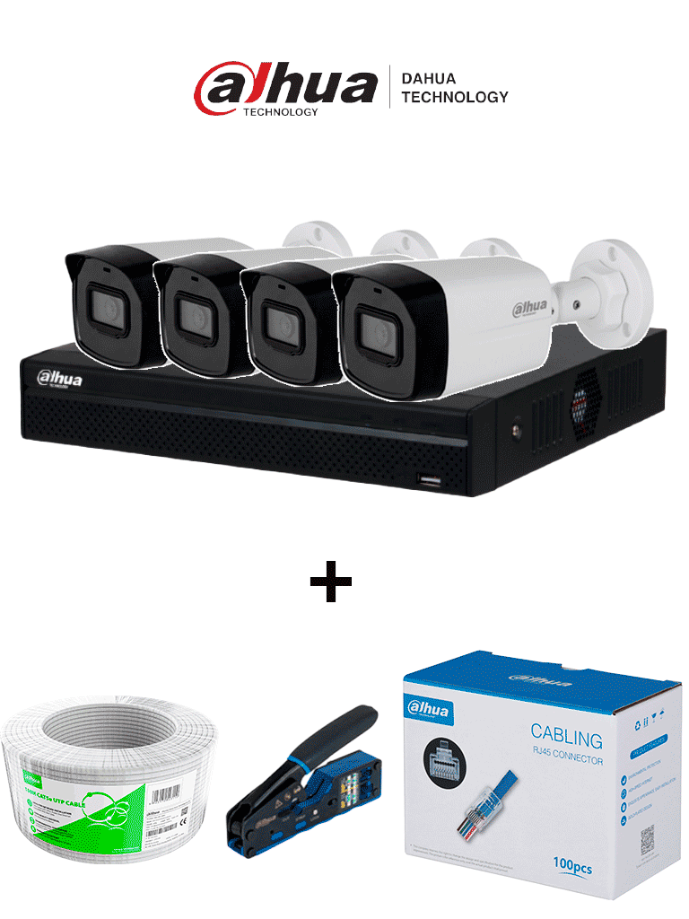 Imagen de Bundle NVR+4BulletIP -Compra 1 NVR NVR1104HS-P-S3 de 4 Canales y llévate mas 4 cámaras IPC-B1E20  / Bobina de 100 metros/ Caja con 100 Plugs/ Pinza de corte  de Plugs/*No incluye disco duro/