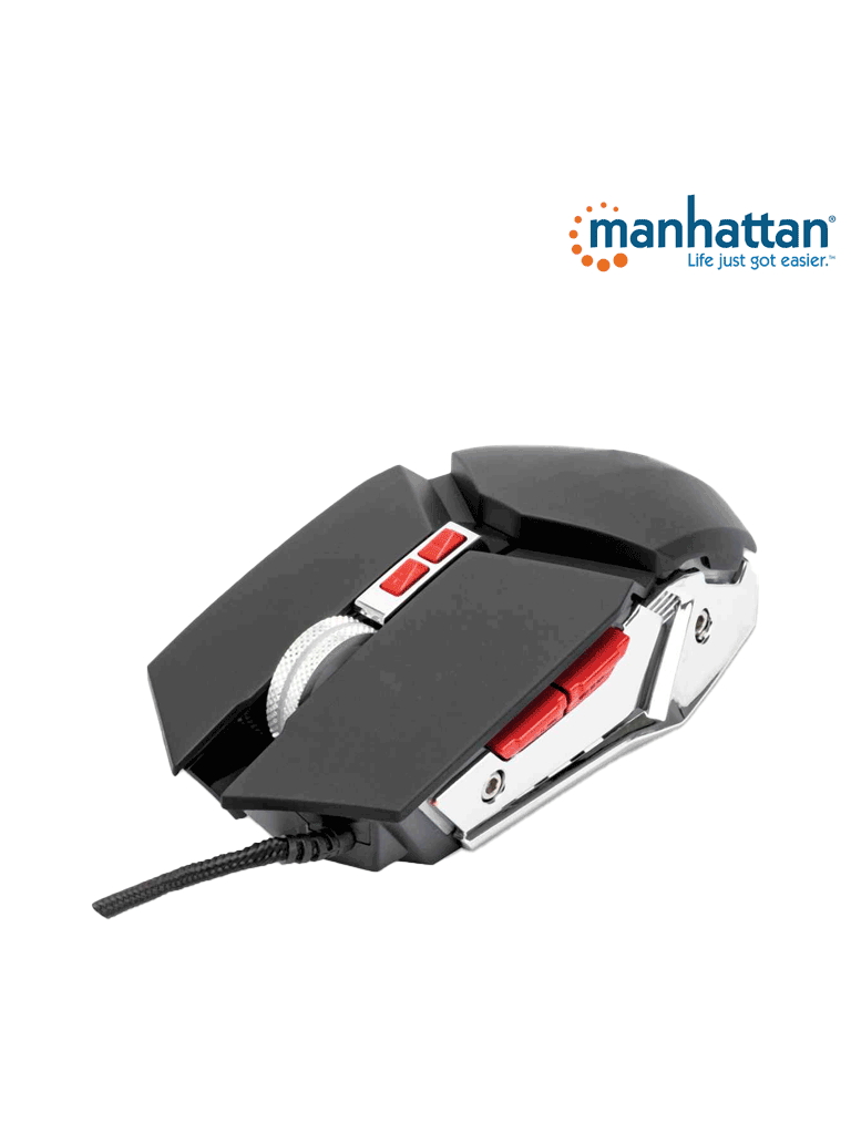 Imagen de MANHATTAN 179348 Mouse óptico Gaming LED con cable Conexión USB-A, siete botones con rueda de desplazamiento, 3200 dpi, iluminación LED de colores, negro